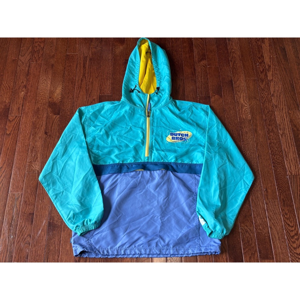 Dutch Bros Coffee Windbreaker Half Zip Hooded Jacket Teal Blue Mens Medium